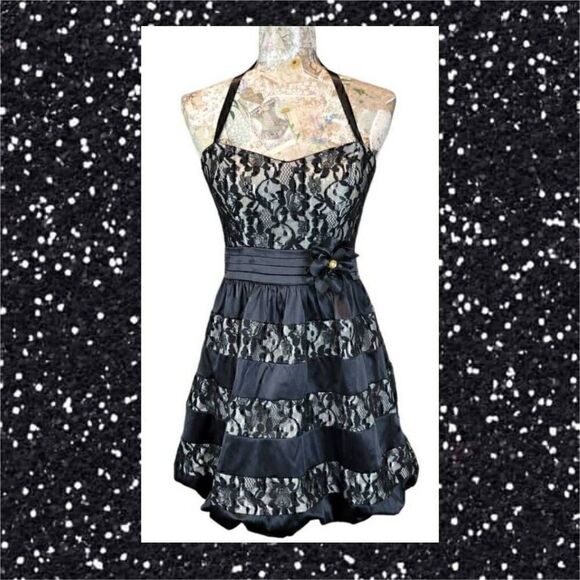 Cocktail Party Evening Black Lacey Layers Satin Strapless Sweetheart Mini Dress - Picture 2 of 11